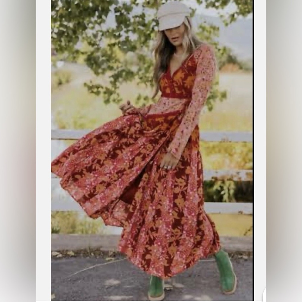 Free People Tilda pink and orange and pink maxi wrap dress with lace.Size Large